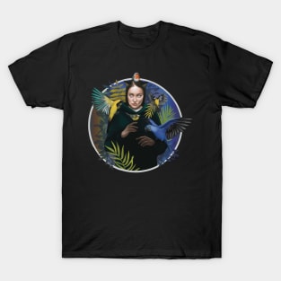 Cat Girl with tropical birds in twilight garden T-Shirt